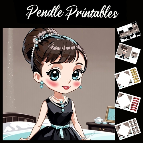 Anime Cartoon Style Audrey Hepburn 7x7 Card Kit. Matching Box, Gift Bauble,Tag