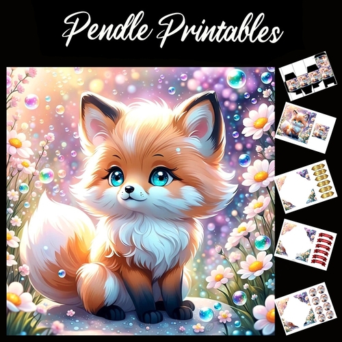 Anime Style Cartoon Cute Bubble Fox 7x7 Card Kit. Matching Box, Gift Bauble,Tag