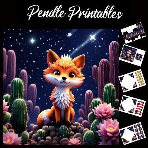 Anime Style Cute Cactus Desert Fox 7x7 Card Kit. Matching Box, Gift Bauble,Tag