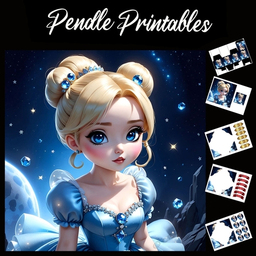 Anime Style Blue Princess 7x7 Card Kit. Matching Box, Gift Bauble,Tag