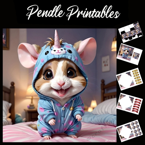 Cute Unicorn Onesie Hamster 7x7 Card Kit. Matching Box, Gift Bauble,Tag
