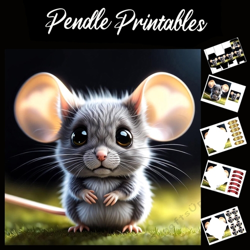 Cute Grey Mouse 7x7 Card Kit. Matching Box, Gift Bauble,Tag