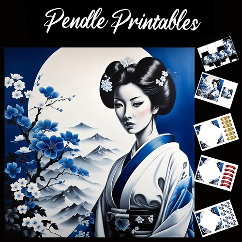 Geisha In Blue 7x7 Card Kit. Matching Box, Gift Bauble,Tag