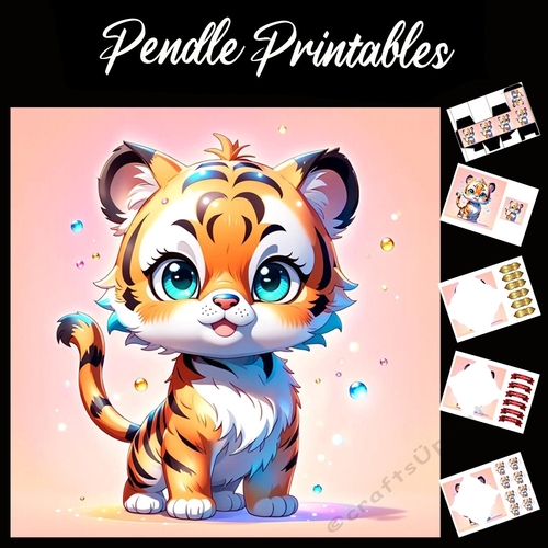 Bubbles Cute Tiger Cub 7x7 Card Kit. Matching Box, Gift Bauble,Tag
