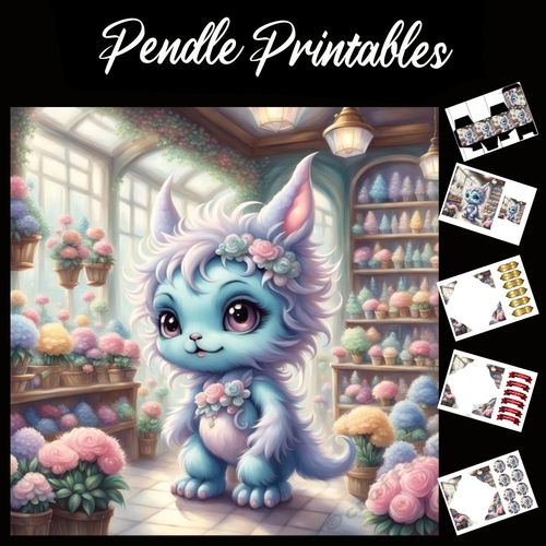 Fluffy Blue Creature 7x7 Card Kit. Matching Box, Gift Bauble,Tag