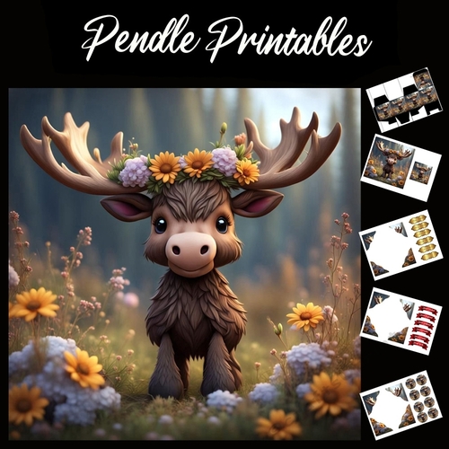 Cute Flower Moose 7x7 Card Kit. Matching Box, Gift Bauble,Tag