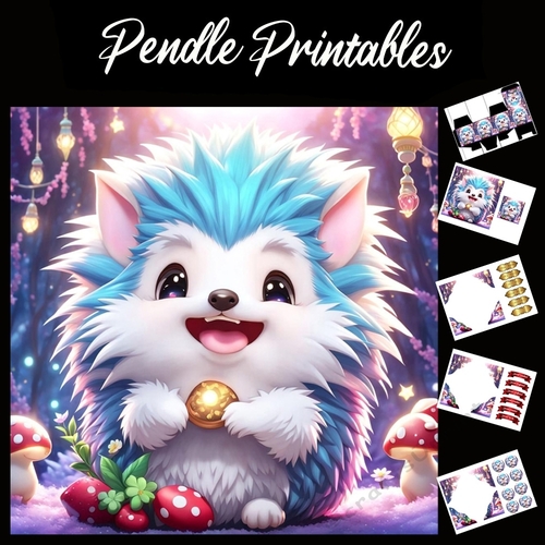 Cute Blue & White Hedgehog 7x7 Card Kit. Matching Box, Gift Bauble,Tag