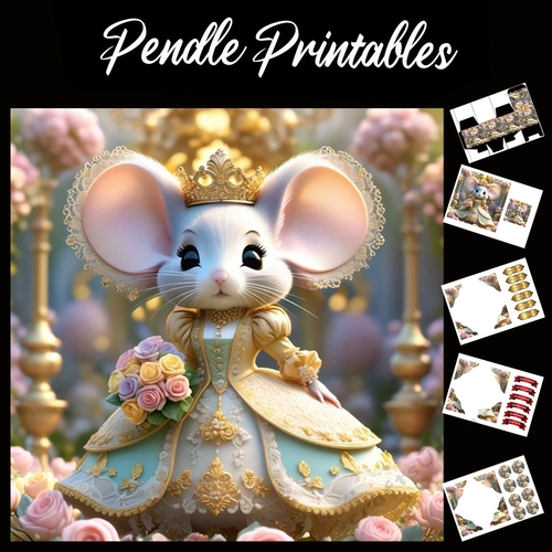 The Pretty Princess Mouse 7x7 Card Kit. Matching Box, Gift Bauble,Tag