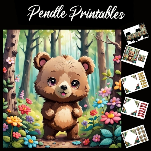 The Cute Woodland Bear 7x7 Card Kit. Matching Box, Gift Bauble,Tag