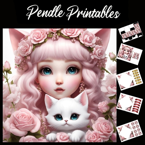 Anime Style Pink Princess & Her Kitten 7x7 Card Kit. Matching Box, Gift Bauble,Tag