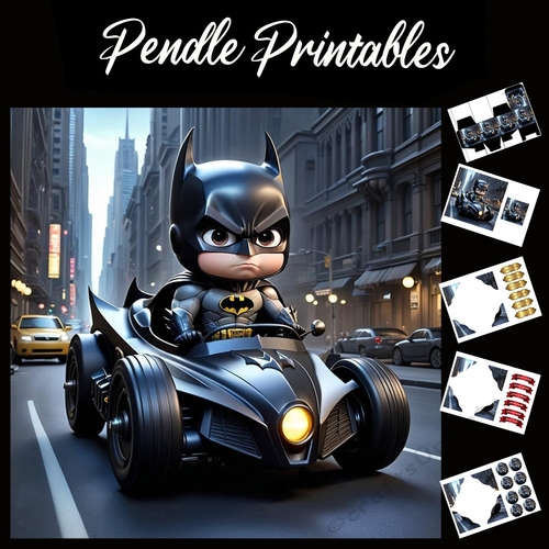 Anime Style Young Batman In Batcar 7x7 Card Kit. Matching Box, Gift Bauble,Tag