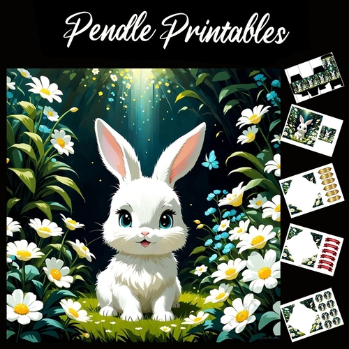 Cute White Bunny 7x7 Card Kit. Matching Box, Gift Bauble,Tag