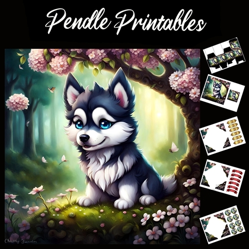 Cute Wolf Cub 7x7 Card Kit. Matching Box, Gift Bauble,Tag