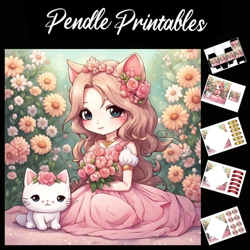 Anime Style Girl In Pink 7x7 Card Kit. Matching Box, Gift Bauble,Tag