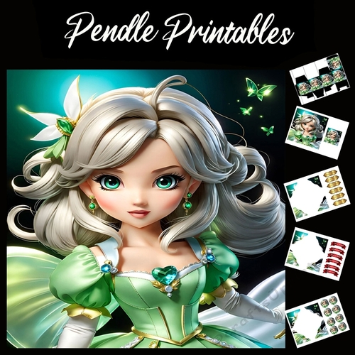 Pretty In Green Princess 7x7 Card Kit. Matching Box, Gift Bauble,Tag