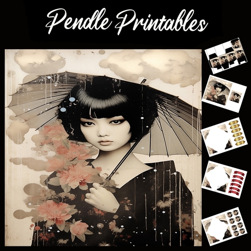 Geisha Girl With Brolly 7x7 Card Kit. Matching Box, Gift Bauble,Tag