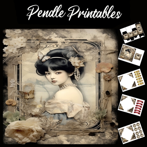 Geisha Pearl Girl 7x7 Card Kit. Matching Box, Gift Bauble,Tag