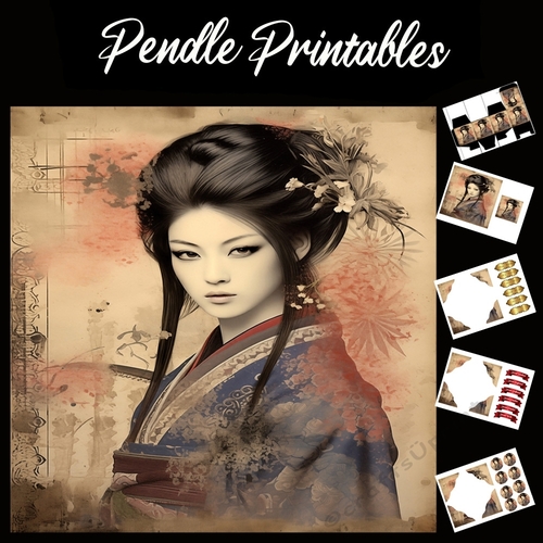 Geisha Kimono Girl 7x7 Card Kit. Matching Box, Gift Bauble,Tag