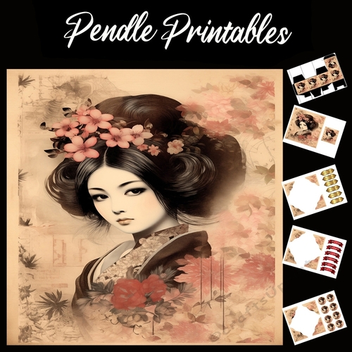 Floral Geisha Lady 7x7 Card Kit. Matching Box, Gift Bauble,Tag