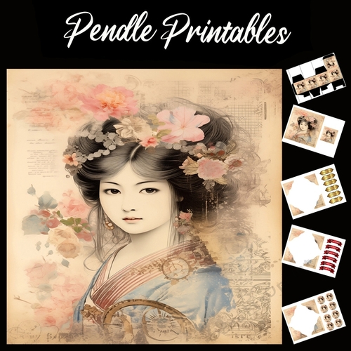 Floral Geisha Blue Lady 7x7 Card Kit. Matching Box, Gift Bauble,Tag