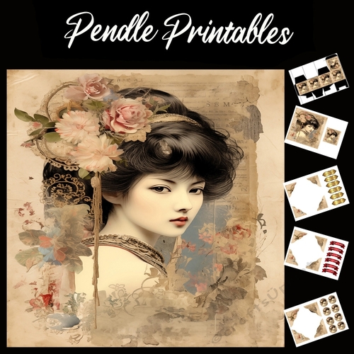 Stunning Geisha Girl With Roses 7x7 Card Kit. Matching Box, Gift Bauble,Tag