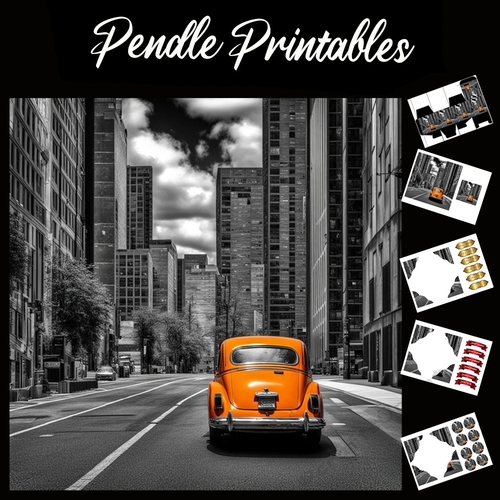 Little Orange Car 7x7 Card Kit. Matching Box, Gift Bauble,Tag