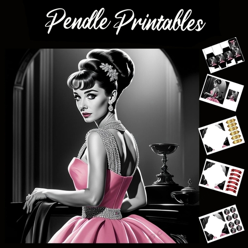 Audrey Hepburn In Pink Dress 7x7 Card Kit. Matching Box, Gift Bauble,Tag