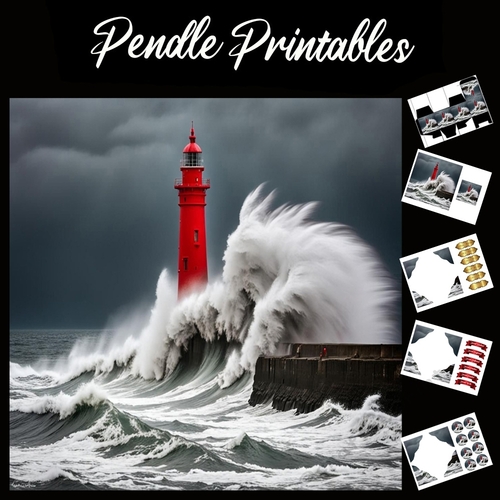 Red Lighthouse 7x7 Card Kit. Matching Box, Gift Bauble,Tag