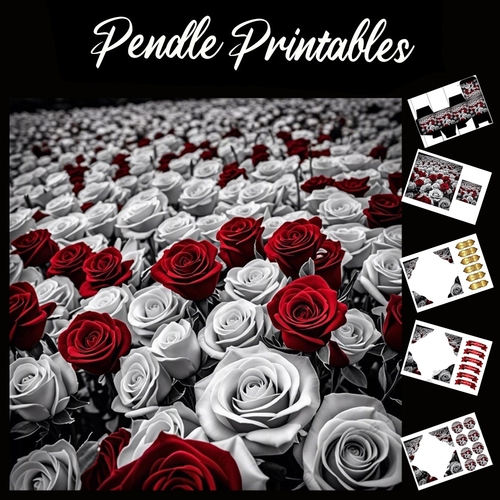 Red & White Rose Field 7x7 Card Kit. Matching Box, Gift Bauble,Tag