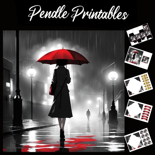 Red Rain Umbrella 7x7 Card Kit. Matching Box, Gift Bauble,Tag