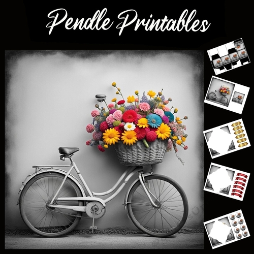 Flower Basket Bicycle 7x7 Card Kit. Matching Box, Gift Bauble,Tag