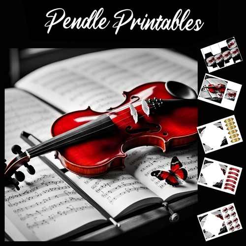 Red Violin 7x7 Card Kit. Matching Box, Gift Bauble,Tag