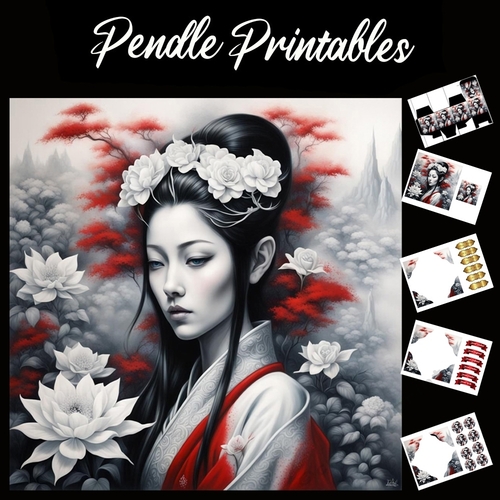 Japanese Geisha Lady With Lotus Flowers 7x7 Card Kit. Matching Box, Gift Bauble,Tag