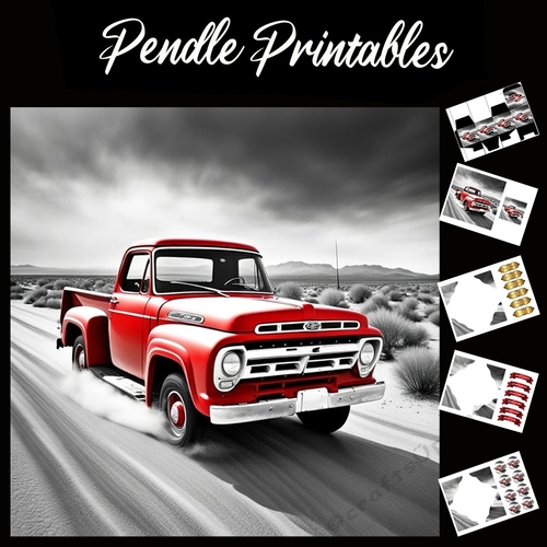 Red Desert Truck 7x7 Card Kit. Matching Box, Gift Bauble,Tag