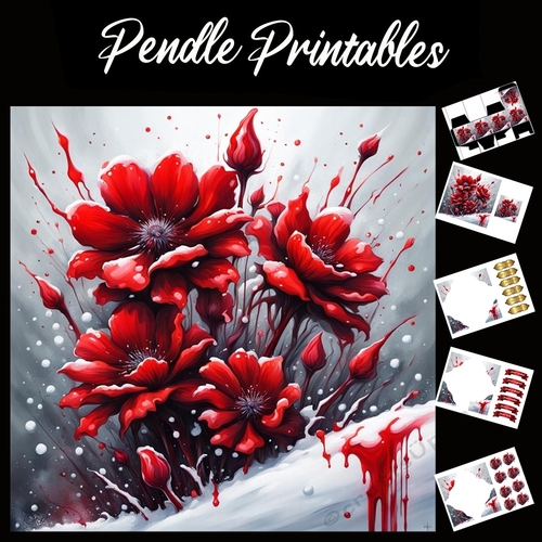 Blood Red Flowers 7x7 Card Kit. Matching Box, Gift Bauble,Tag