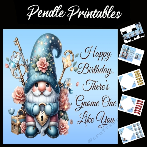 Happy Birthday Gnome Card 7x7 Card Kit. Matching Box, Gift Bauble,Tag