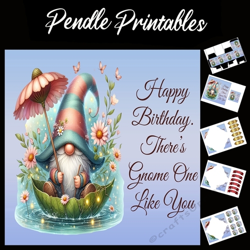 Happy Birthday Gnome Card 02 7x7 Card Kit. Matching Box, Gift Bauble,Tag