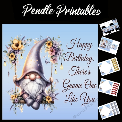 Happy Birthday Gnome Card 03 7x7 Card Kit. Matching Box, Gift Bauble,Tag