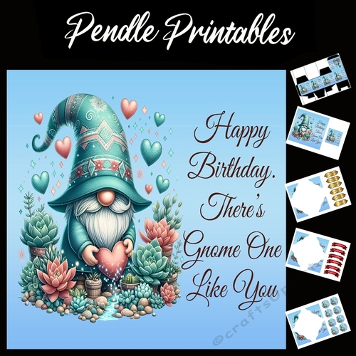 Happy Birthday Gnome Card 04 7x7 Card Kit. Matching Box, Gift Bauble,Tag