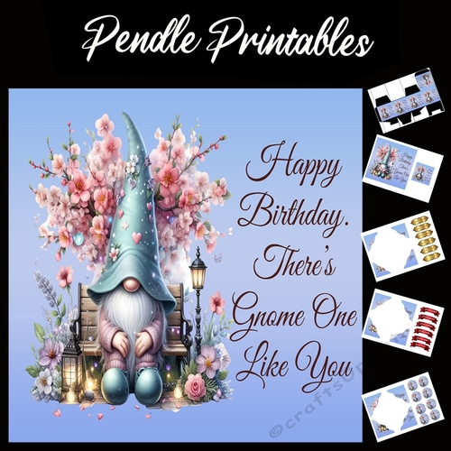 Happy Birthday Gnome Card 05 7x7 Card Kit. Matching Box, Gift Bauble,Tag