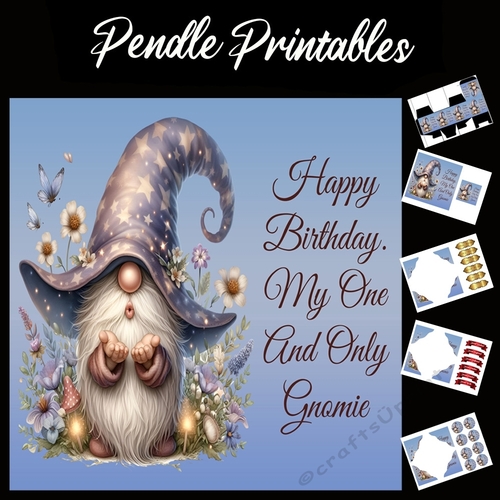 Happy Birthday Gnome Card 06 7x7 Card Kit. Matching Box, Gift Bauble,Tag