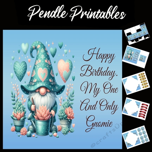 Happy Birthday Gnome Card 07 7x7 Card Kit. Matching Box, Gift Bauble,Tag