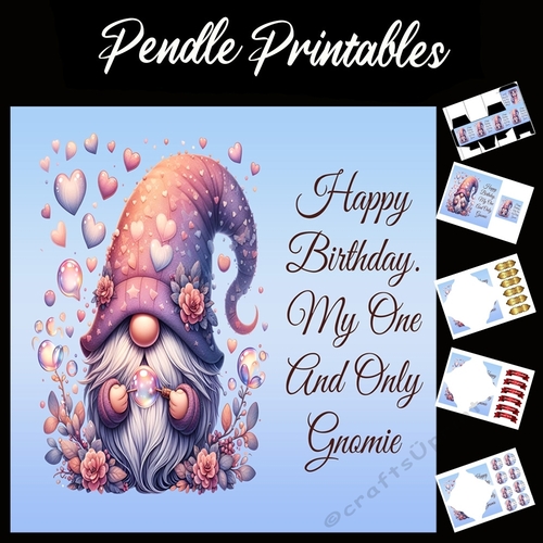 Happy Birthday Gnome Card 08 7x7 Card Kit. Matching Box, Gift Bauble,Tag