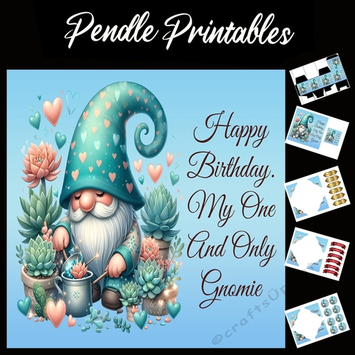 Happy Birthday Gnome Card 09 7x7 Card Kit. Matching Box, Gift Bauble,Tag