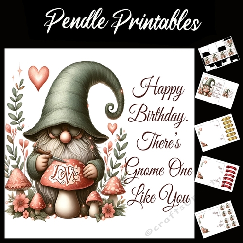 Happy Birthday Gnome Card 16 7x7 Card Kit. Matching Box, Gift Bauble,Tag