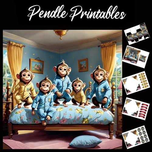 Nursery Rhyme: 5 Monkeys 7x7 Card Kit. Matching Box, Gift Bauble,Tag