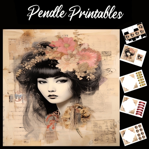 Classical Japanese Beauty 3 7x7 Card Kit. Matching Box, Gift Bauble,Tag