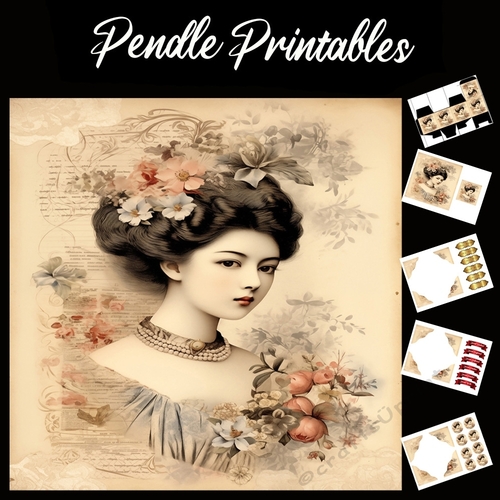 Classical Japanese Beauty 5 7x7 Card Kit. Matching Box, Gift Bauble,Tag
