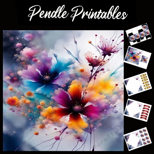 Watercolour Blooms 7x7 Card Kit. Matching Box, Gift Bauble,Tag