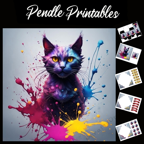 Splatter Art: Funtime Cat 7x7 Card Kit. Matching Box, Gift Bauble,Tag